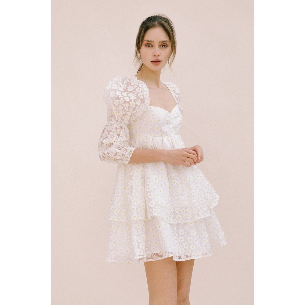 Storia Puff Sleeve Daisy Mini Dress White Yellow Sheer Tiered Medium Fairy 3D‎